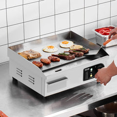 VEVOR Commercial Electric Griddle, 17.72 x 11.81 inch, 1750W, 122-570°F Adjustable Temp Control, with 2 Spatulas, 2