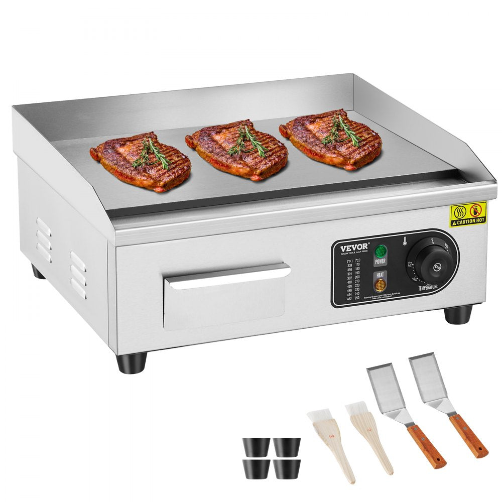 VEVOR Commercial Electric Griddle, 17.72 x 11.81 inch, 1750W, 122-570°F Adjustable Temp Control, with 2 Spatulas, 2