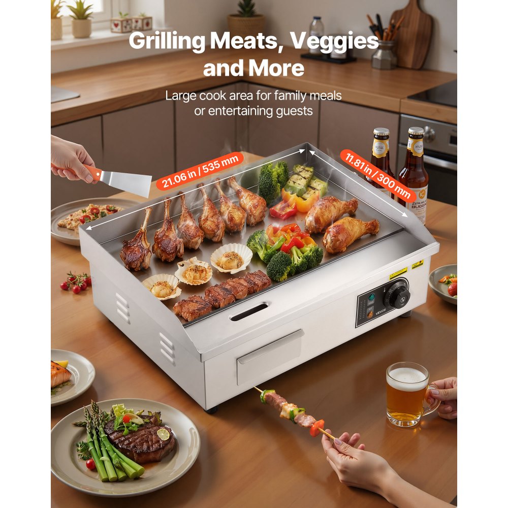VEVOR Commercial Electric Griddle, 21.06 x 11.81 inch, 3200W, 122-570°F Adjustable Temp Control, Stainless Steel Body