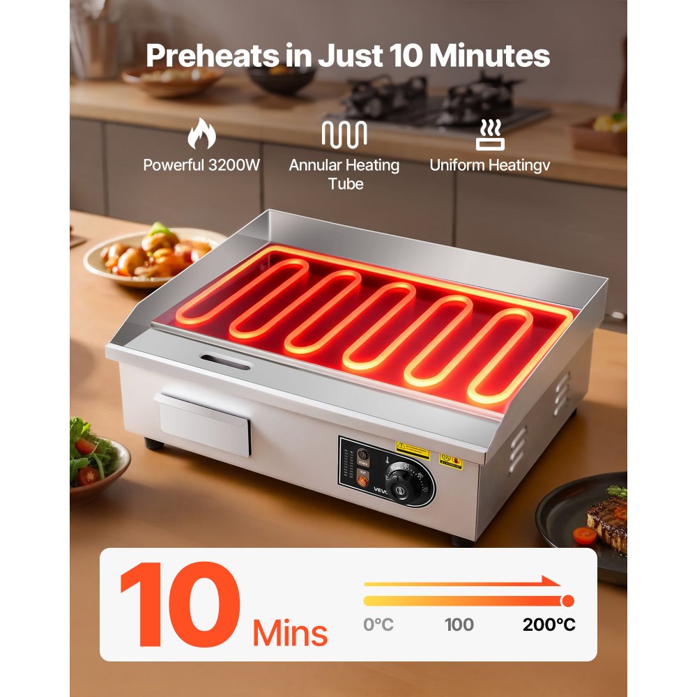 VEVOR Commercial Electric Griddle, 21.06 x 11.81 inch, 3200W, 122-570°F Adjustable Temp Control, Stainless Steel Body