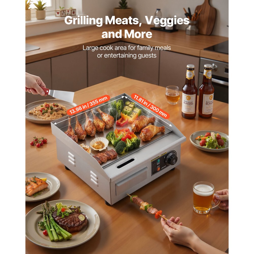 VEVOR Commercial Electric Griddle, 13.98 x 11.81 inch, 1750W, 122-570°F Adjustable Temp Control, Stainless Steel