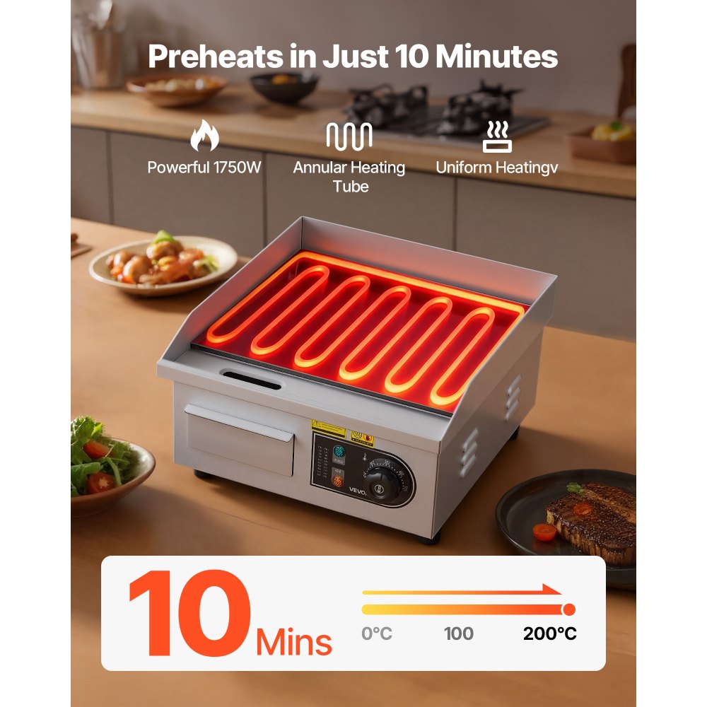 VEVOR Commercial Electric Griddle, 13.98 x 11.81 inch, 1750W, 122-570°F Adjustable Temp Control, Stainless Steel