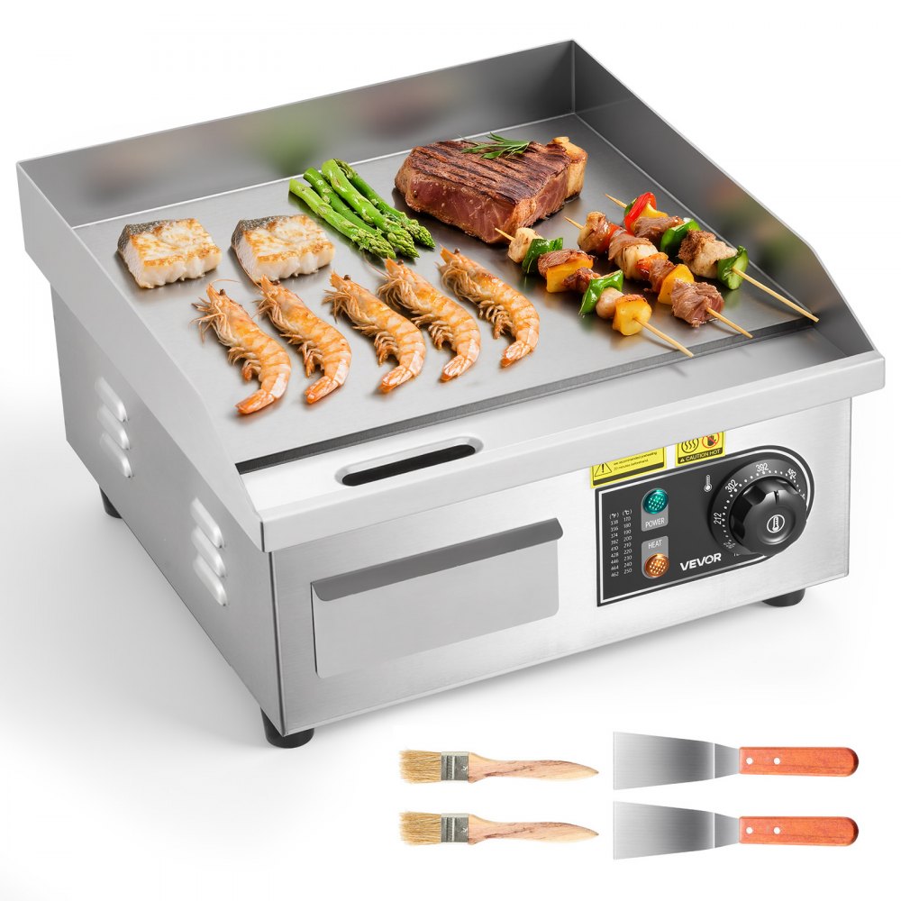 VEVOR Commercial Electric Griddle, 13.98 x 11.81 inch, 1750W, 122-570°F Adjustable Temp Control, Stainless Steel