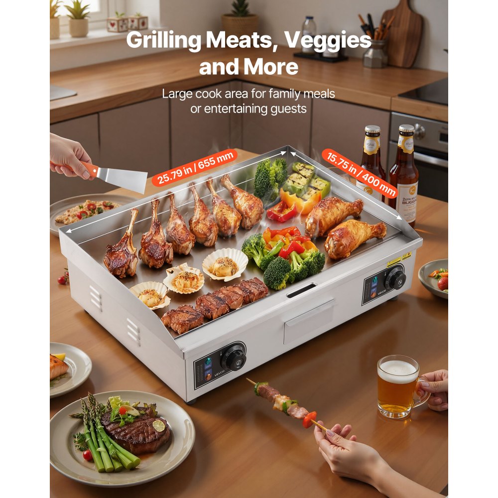 VEVOR Commercial Electric Griddle, 25.79 x 15.75 inch, 2800W, 122-570°F Adjustable Temp Control, Stainless Steel Body