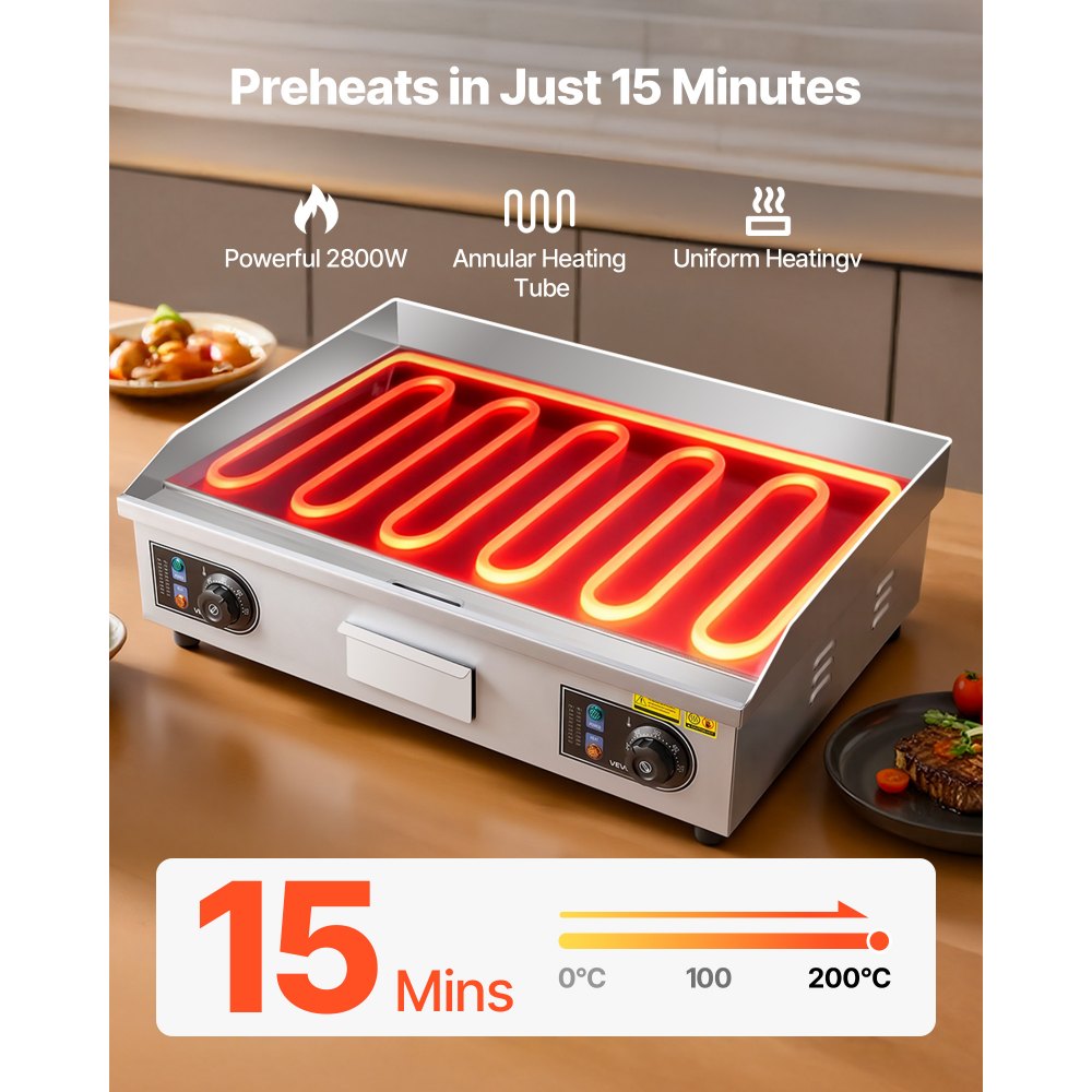 VEVOR Commercial Electric Griddle, 25.79 x 15.75 inch, 2800W, 122-570°F Adjustable Temp Control, Stainless Steel Body