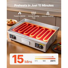 VEVOR Commercial Electric Griddle, 25.79 x 15.75 inch, 2800W, 122-570°F Adjustable Temp Control, Stainless Steel Body