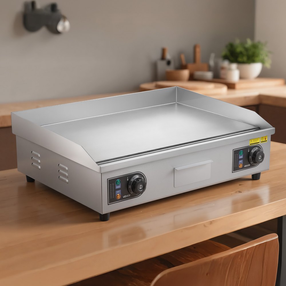 VEVOR Commercial Electric Griddle, 25.79 x 15.75 inch, 2800W, 122-570°F Adjustable Temp Control, Stainless Steel Body