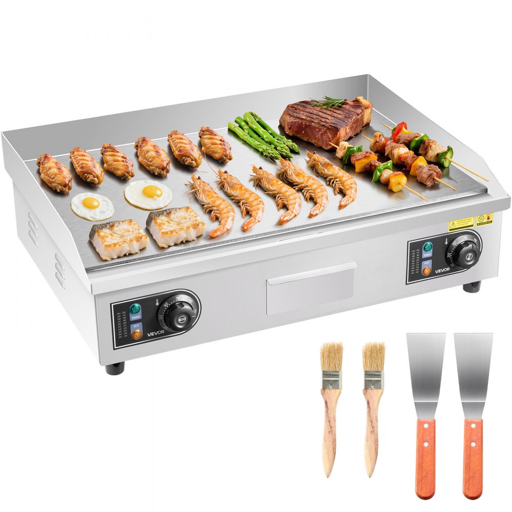VEVOR Commercial Electric Griddle, 25.79 x 15.75 inch, 2800W, 122-570°F Adjustable Temp Control, Stainless Steel Body