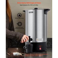 VEVOR Commercial Coffee Urn, 100 Cup 15 L Hot Beverage Dispenser with Dripless Faucet, Quick-Brewing Stainless Steel