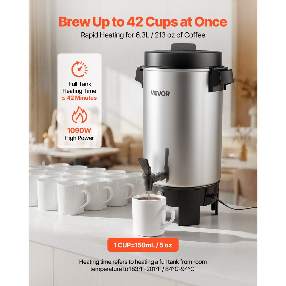 VEVOR Commercial Coffee Urn, 40 Cup 203oz Hot Beverage Dispenser with Dripless Faucet, 1090W Quick-Brewing Coffee