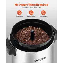 VEVOR Commercial Coffee Urn, 40 Cup 203oz Hot Beverage Dispenser with Dripless Faucet, 1090W Quick-Brewing Coffee