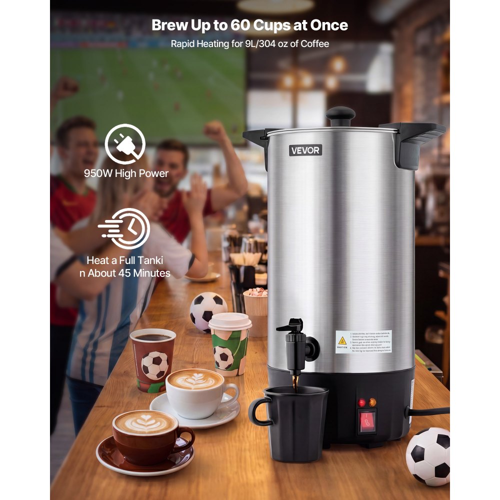 VEVOR Commercial Coffee Urn, 60 Cup 9 L Hot Beverage Dispenser with Dripless Faucet, Quick-Brewing Stainless Steel