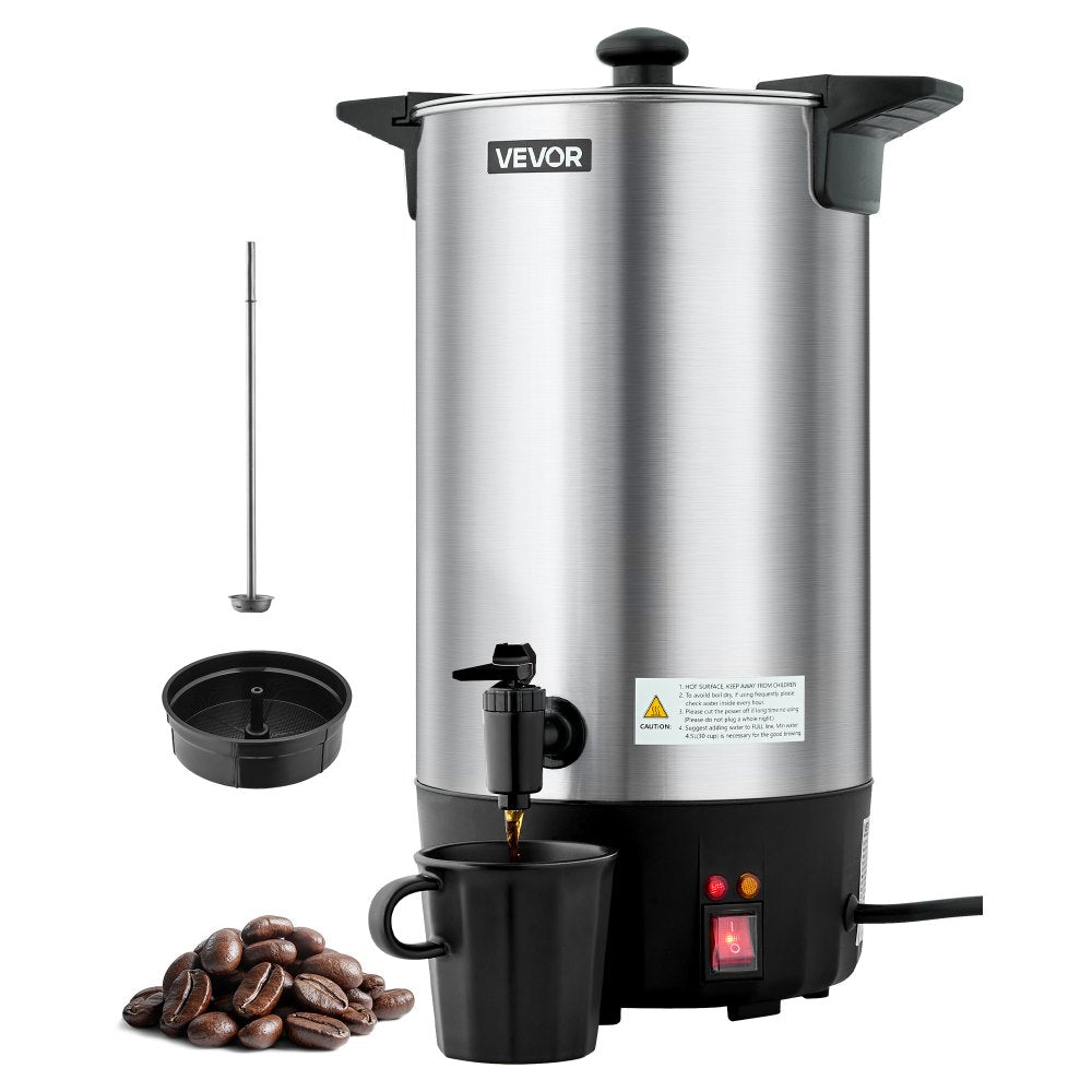 VEVOR Commercial Coffee Urn, 60 Cup 9 L Hot Beverage Dispenser with Dripless Faucet, Quick-Brewing Stainless Steel