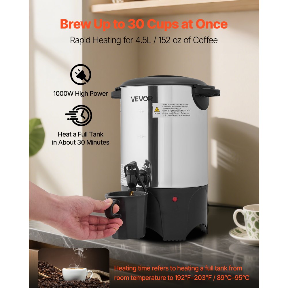 VEVOR Commercial Coffee Urn, 30 Cup 4.5 L Hot Beverage Dispenser with Dripless Faucet, Quick-Brewing Commercial Coffee