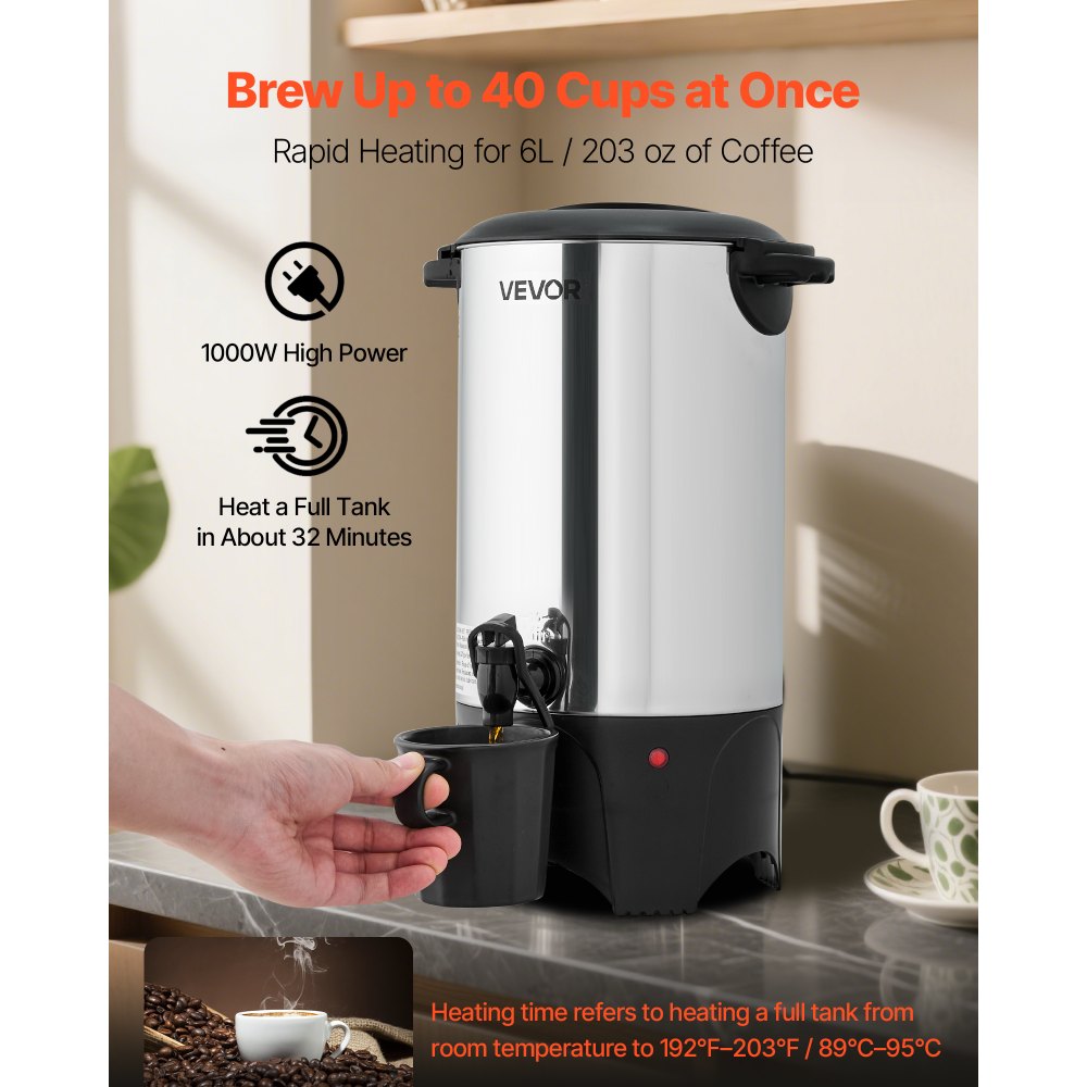 VEVOR Commercial Coffee Urn, 40 Cup 6 L Hot Beverage Dispenser with Dripless Faucet, Quick-Brewing Commercial Coffee