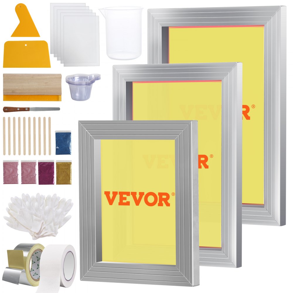 VEVOR Screen Printing Kit, 3 PCS Aluminum Silk Screen Printing Frames, 5 Glitters and Screen Printing Squeegees and