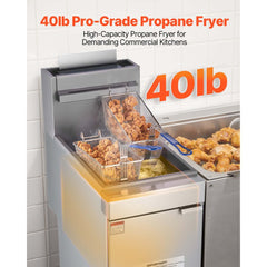 VEVOR Commercial Deep Fryer, 3-Burner Fryer for Restaurants, Stainless Steel Floor Standing Deep Fryers with Dual