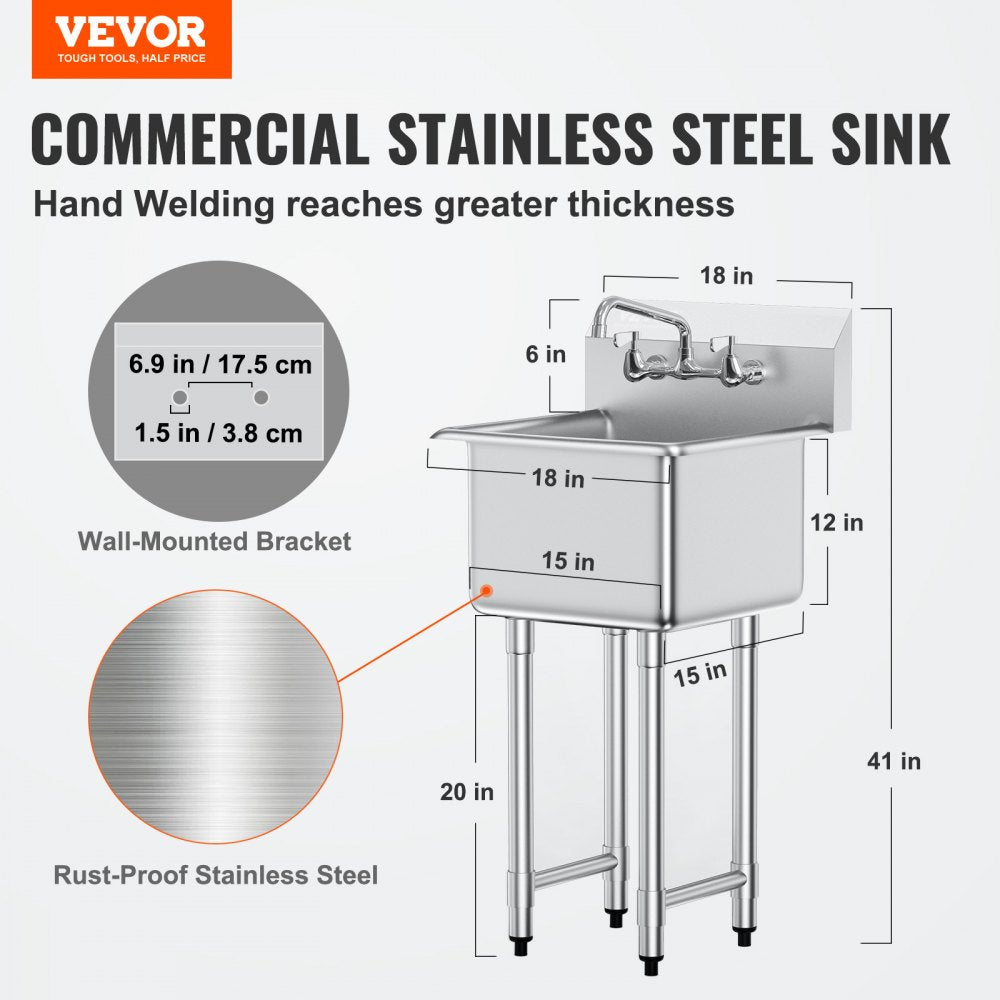VEVOR Stainless Steel Prep & Utility Sink, 1 Compartment Free Standing Small Sink Include Faucet & legs, 18"x41"