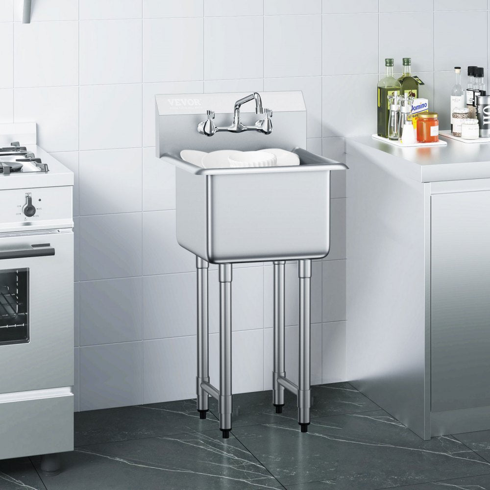VEVOR Stainless Steel Prep & Utility Sink, 1 Compartment Free Standing Small Sink Include Faucet & legs, 18"x41"