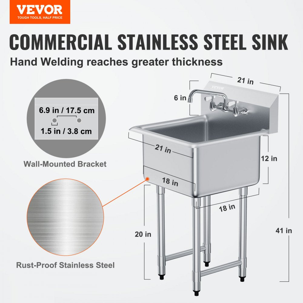 VEVOR Stainless Steel Prep & Utility Sink, 1 Compartment Free Standing Small Sink Include Faucet & legs, 21"x41"