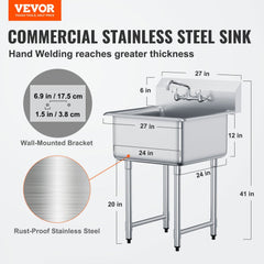VEVOR Stainless Steel Prep & Utility Sink, 1 Compartment Free Standing Small Sink Include Faucet & legs, 27"x41"