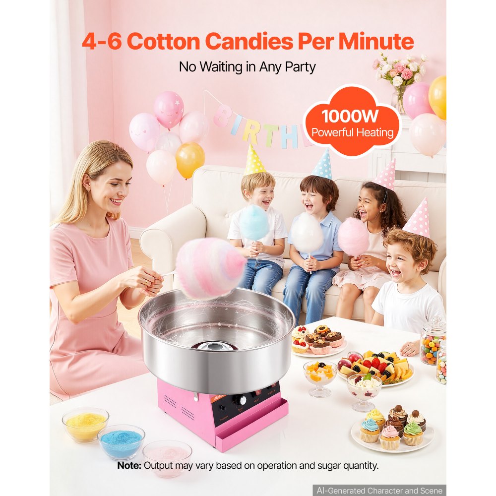 VEVOR Cotton Candy Machine Commercial 1000W Electric Candy Floss Maker Pink, Ideal for Home, Carnival, Birthday, Family