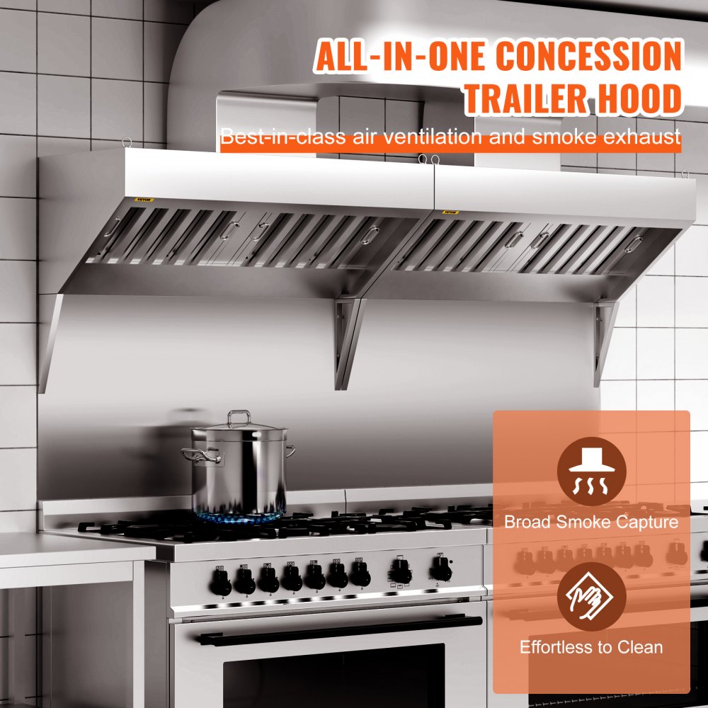 VEVOR Commercial Exhaust Hood, 4FT Food Truck Hood Exhaust, 201 Stainless Steel Concession Trailer Hood with 2