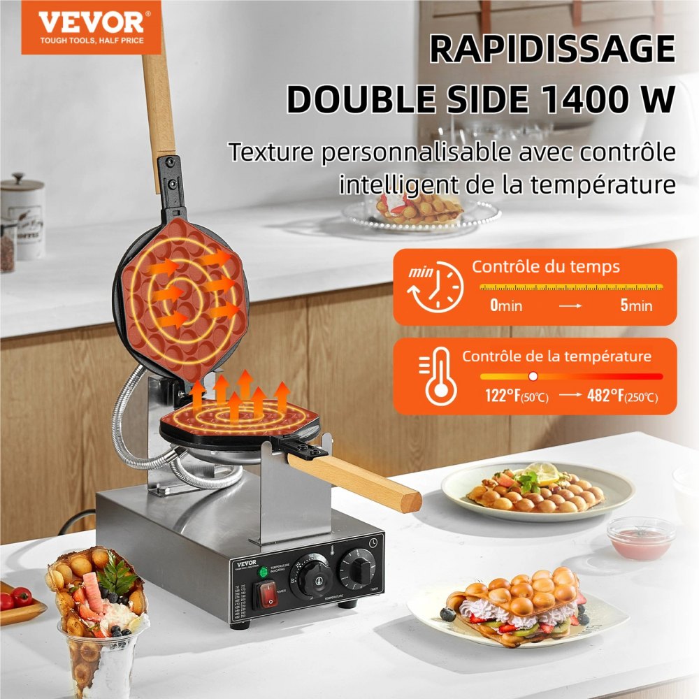 VEVOR Commercial Bubble Waffle Maker, 1400W Egg Pancake Baker Machine, Non-Stick Stainless Steel Egg Bubble Puff, 180°