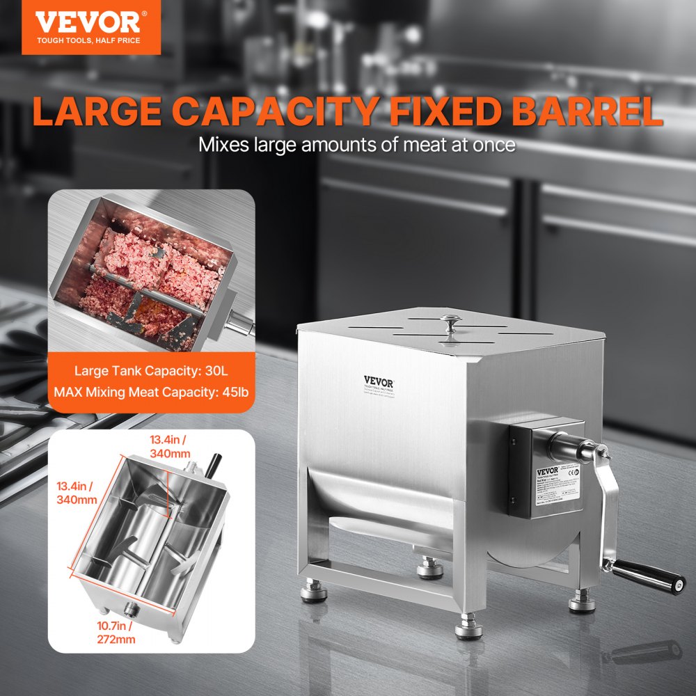 VEVOR Manual Meat Mixer, 30L Fixed Tank Meat Processing Equipment(Mixing Max 60LBS for Meat), Stainless Steel Meat