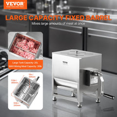 VEVOR Manual Meat Mixer, 20L Fixed Tank Meat Processing Equipment(Mixing Max 30LBS for Meat), Stainless Steel Meat