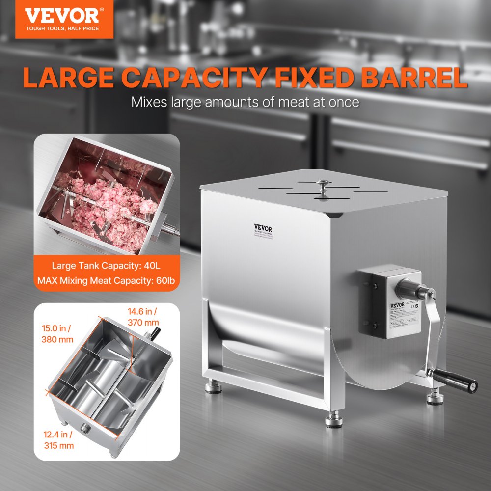 VEVOR Manual Meat Mixer, 40L Fixed Tank Meat Processing Equipment(Mixing Max 80LBS for Meat), Stainless Steel Meat