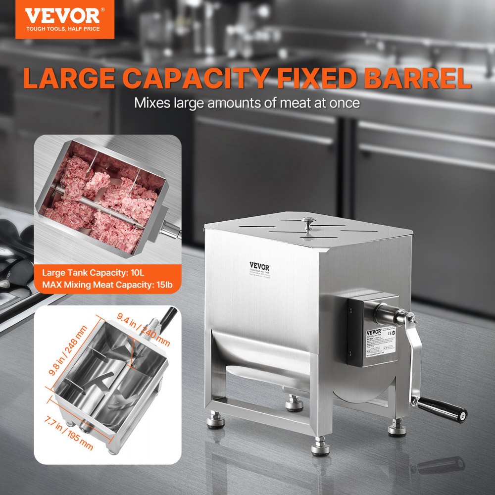 VEVOR Manual Meat Mixer, 10L Fixed Tank Meat Processing Equipment(Mixing Max 15LBS for Meat), Stainless Steel Meat