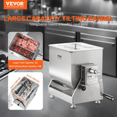 VEVOR Manual Meat Mixer, 15L Tilt Tank Meat Processing Equipment(Mixing Max 15LBS for Meat), Stainless Steel Meat