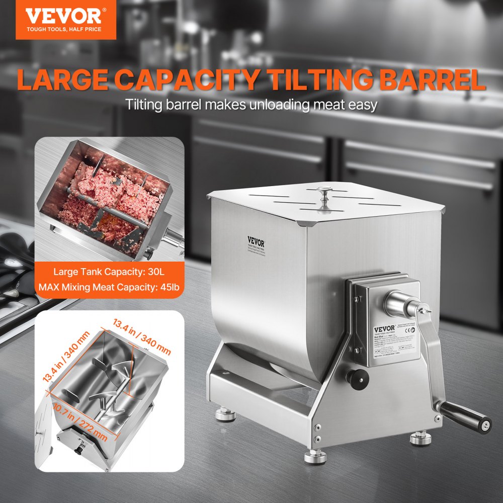VEVOR Manual Meat Mixer, 60 Pound Max Capacity Tilt Tank Meat Mixer, Stainless Steel Meat Processing Equipment, Sausage