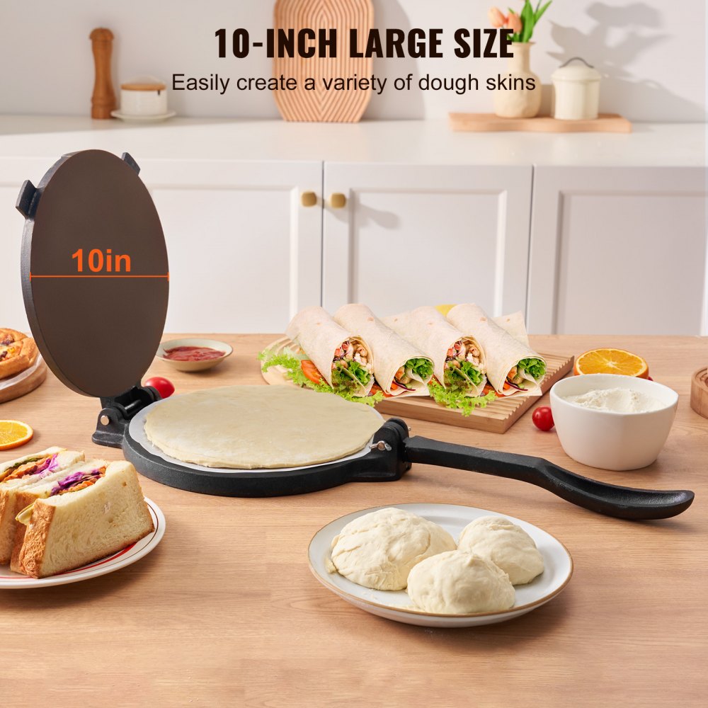 VEVOR Tortilla Press, 10 Inch Tortilla and Roti Maker, Cast Iron Heavy Duty Tortilladora Press, Pre-Seasoned Pataconera