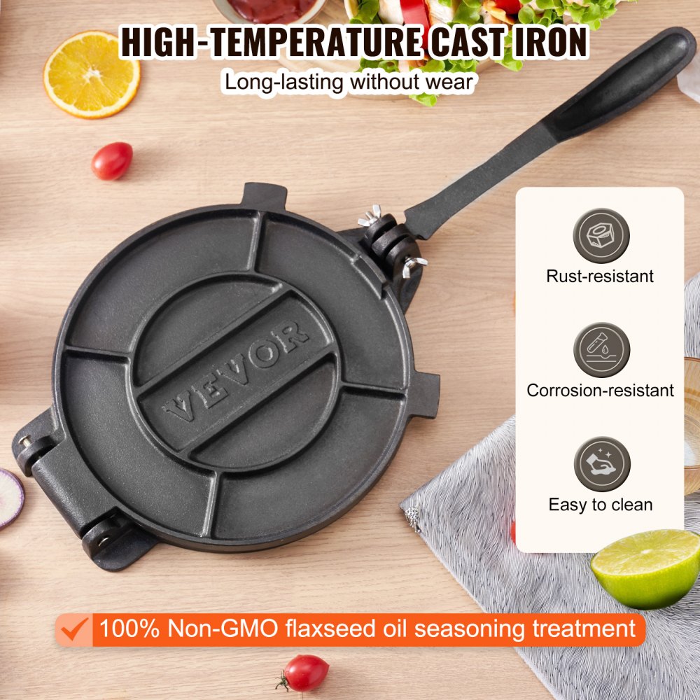 VEVOR Tortilla Press, 10 Inch Tortilla and Roti Maker, Cast Iron Heavy Duty Tortilladora Press, Pre-Seasoned Pataconera
