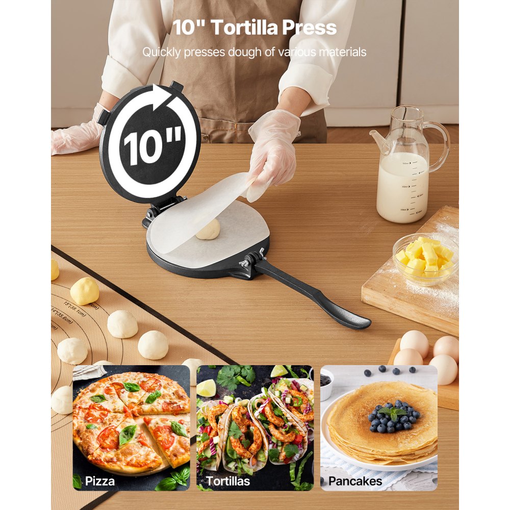 VEVOR Tortilla Press, 10 Inch Cast Iron Tortilla and Roti Maker, Heavy Duty Tortilladora Press, Pataconera Makers with