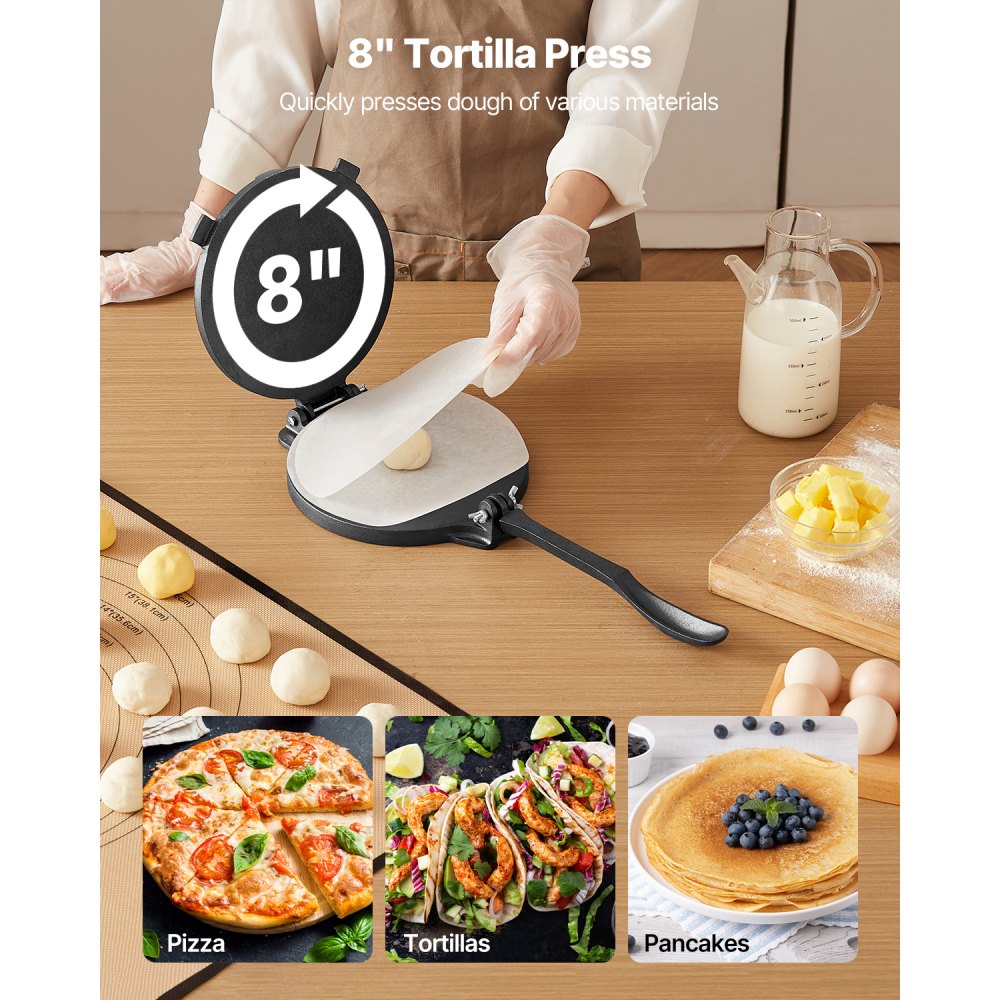 VEVOR Tortilla Press, 8 Inch Cast Iron Tortilla and Roti Maker, Heavy Duty Tortilladora Press, Pataconera Makers with