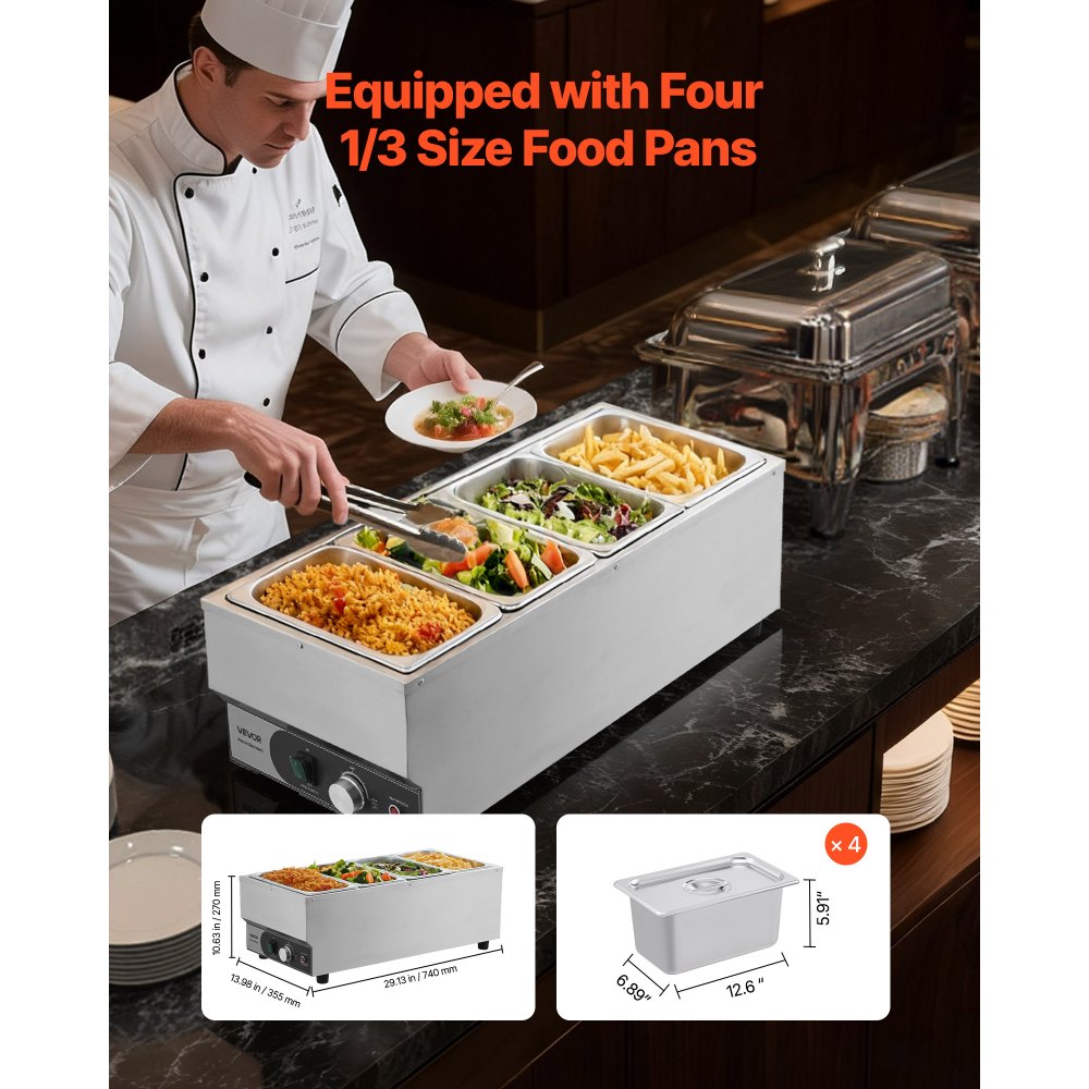 VEVOR Commercial Food Warmer, 1500W Electric Stainless Steel Steam Food Warmer, Fast Heating Countertop Buffet Bain
