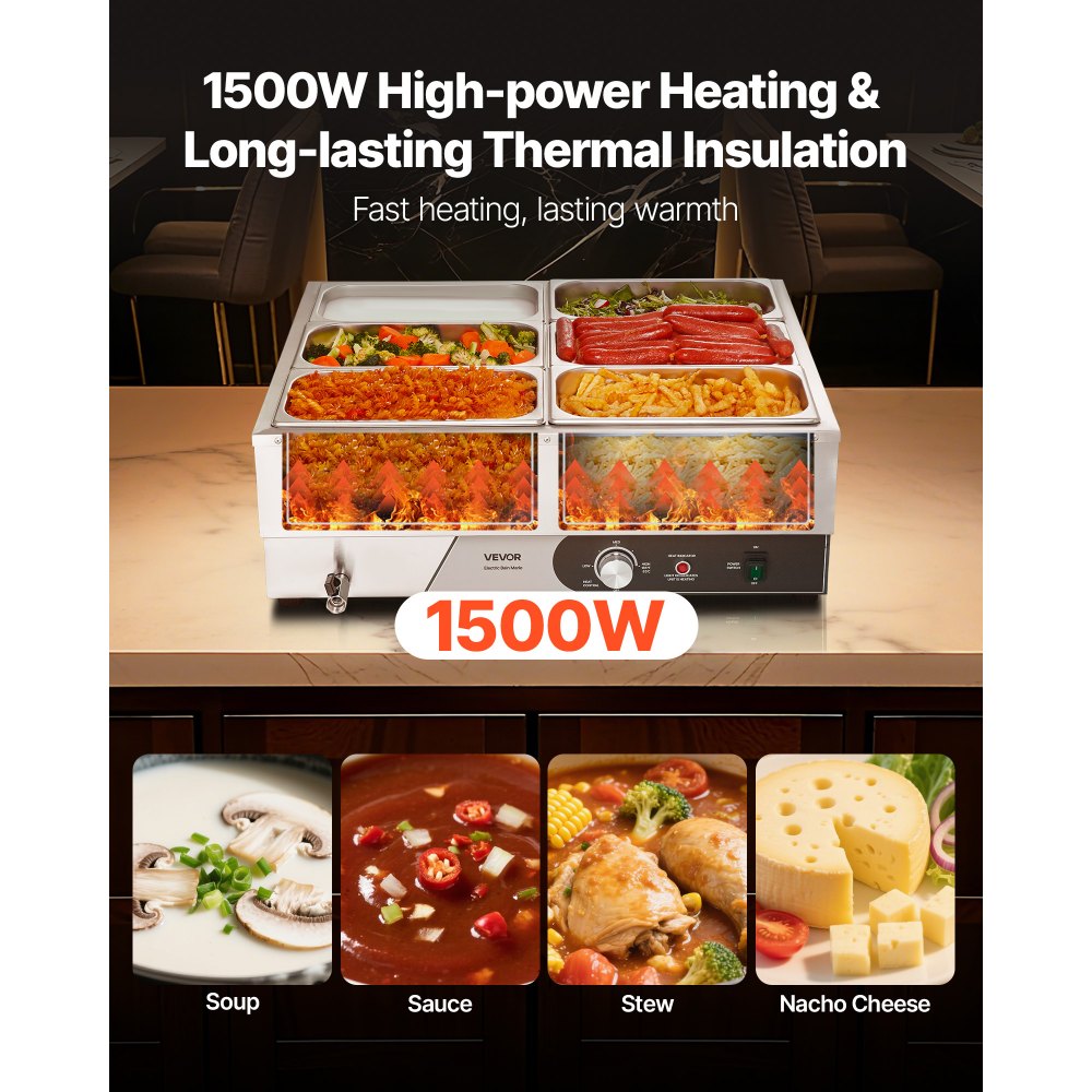 VEVOR Commercial Food Warmer, 1500W Electric Stainless Steel Steam Food Warming with Lid, Fast Heating Countertop