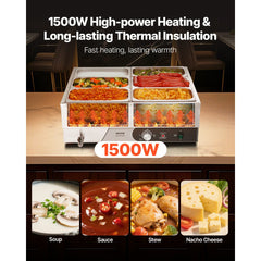 VEVOR Commercial Food Warmer, 1500W Electric Stainless Steel Steam Food Warming with Lid, Fast Heating Countertop
