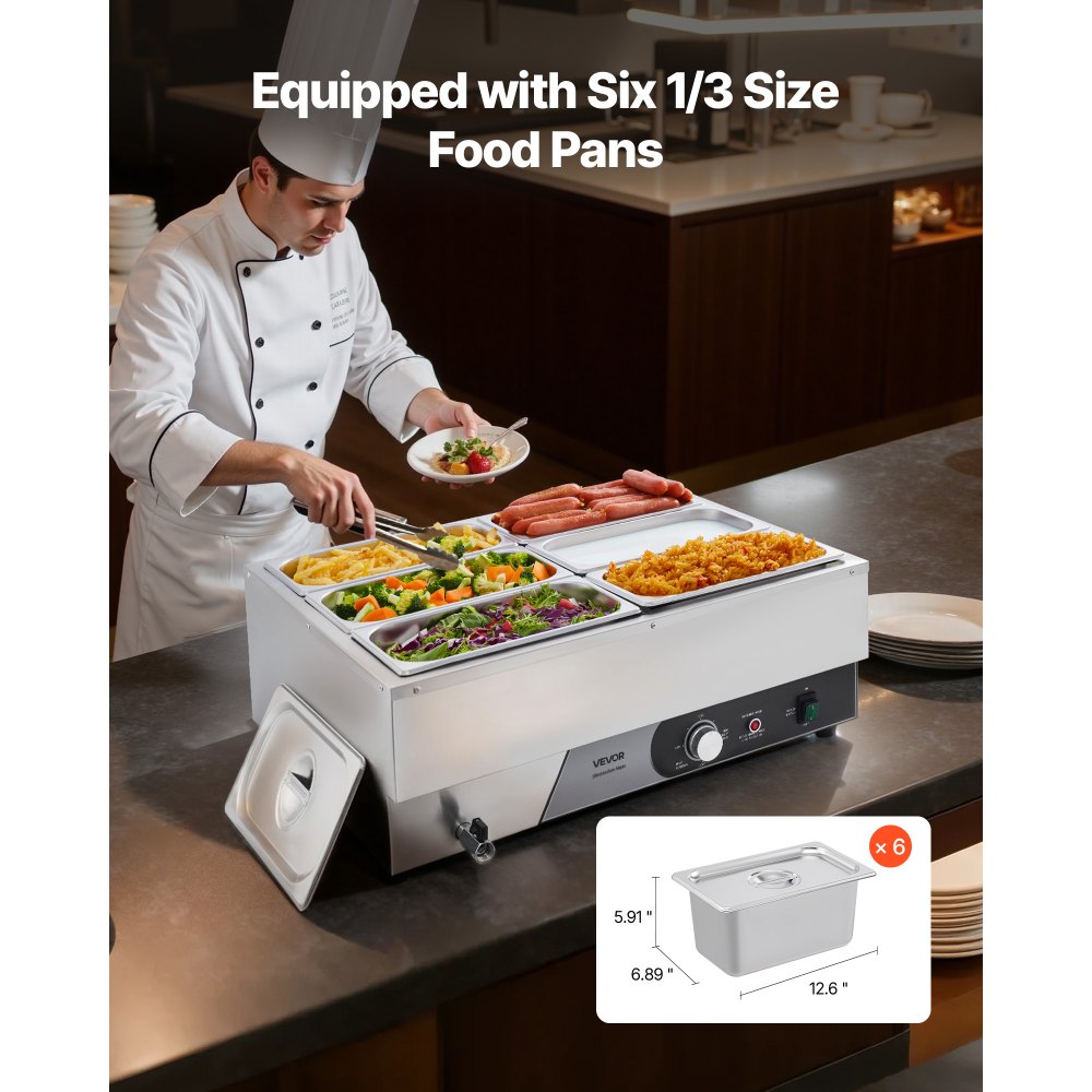 VEVOR Commercial Food Warmer, 1500W Electric Stainless Steel Steam Food Warming with Lid, Fast Heating Countertop