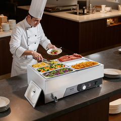 VEVOR Commercial Food Warmer, 1500W Electric Stainless Steel Steam Food Warming with Lid, Fast Heating Countertop