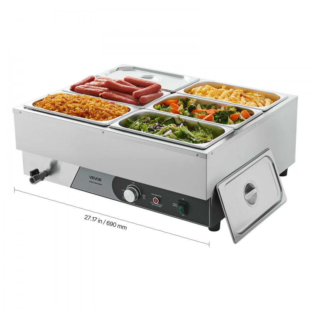 VEVOR Commercial Food Warmer, 1500W Electric Stainless Steel Steam Food Warming with Lid, Fast Heating Countertop