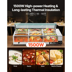 VEVOR Commercial Food Warmer, 1500W Electric Stainless Steel Steam Food Warmer with Glass Cover, 9-Pan Countertop