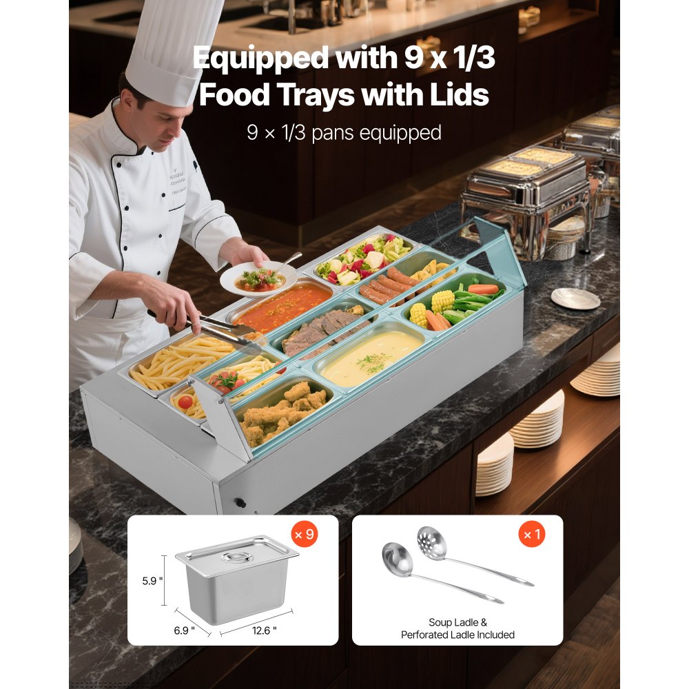 VEVOR Commercial Food Warmer, 1500W Electric Stainless Steel Steam Food Warmer with Glass Cover, 9-Pan Countertop