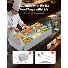 VEVOR Commercial Food Warmer, 1500W Electric Stainless Steel Steam Food Warmer with Glass Cover, 9-Pan Countertop