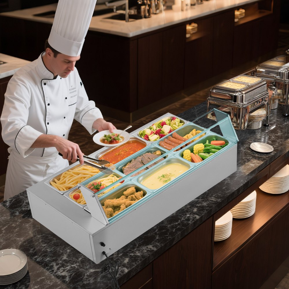 VEVOR Commercial Food Warmer, 1500W Electric Stainless Steel Steam Food Warmer with Glass Cover, 9-Pan Countertop