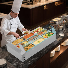 VEVOR Commercial Food Warmer, 1500W Electric Stainless Steel Steam Food Warmer with Glass Cover, 9-Pan Countertop