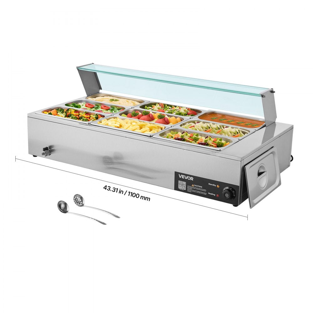 VEVOR Commercial Food Warmer, 1500W Electric Stainless Steel Steam Food Warmer with Glass Cover, 9-Pan Countertop